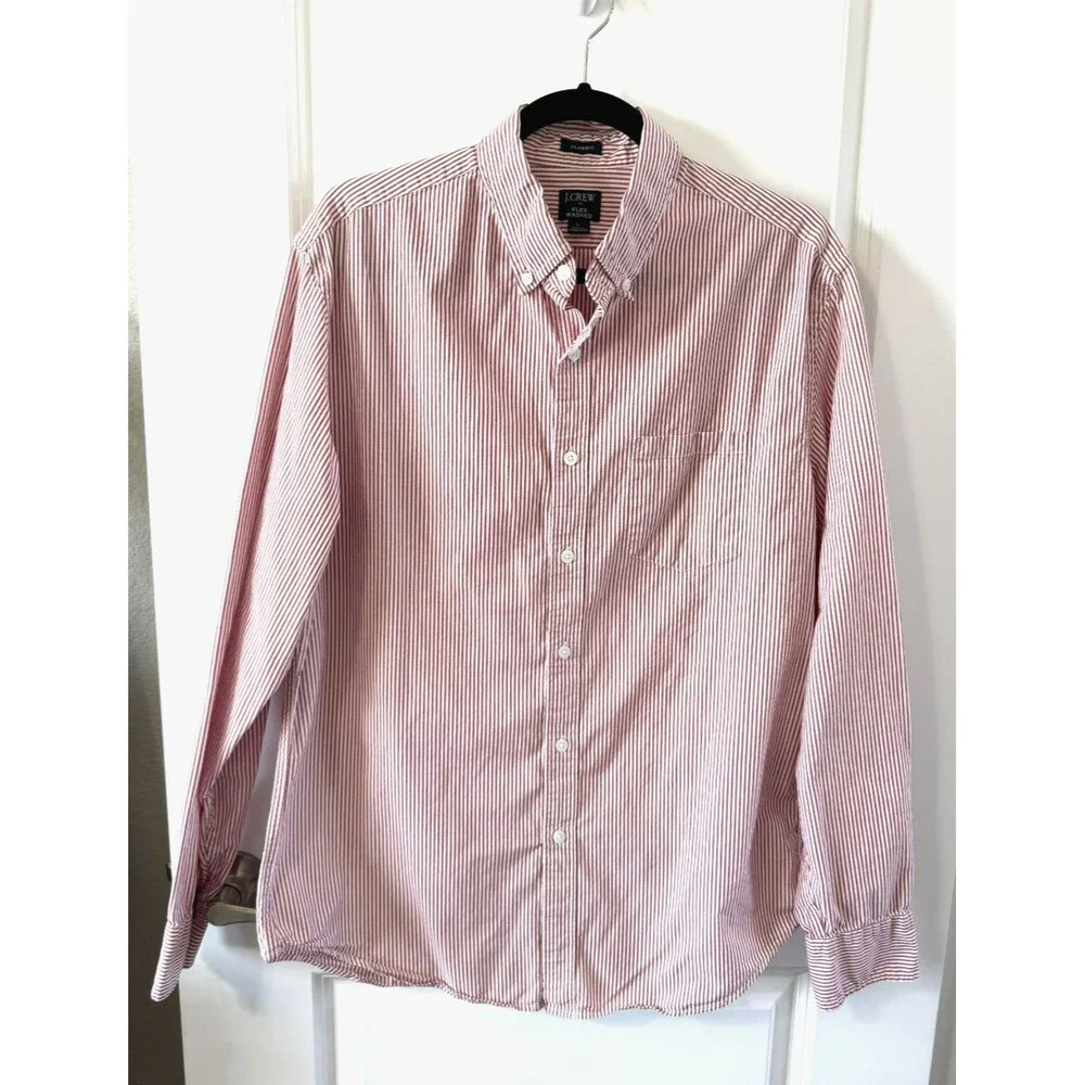 J Crew Flex washed Oxford Button Down Shirt Mens L Red White Striped Long sleeve